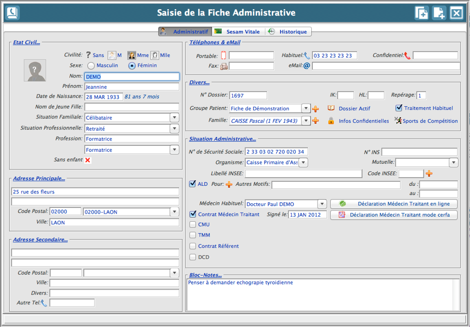 Fiche administrative - Section Administratif - Fiches pour classeur  dossier patient - Suivi médical - Santé-Social - Documents & Accessoires