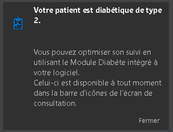 Notification non bloquante en haut à droite de mise à disposition du Module diabète