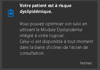 Notification non bloquante en haut à droite de mise à disposition du Module diabète